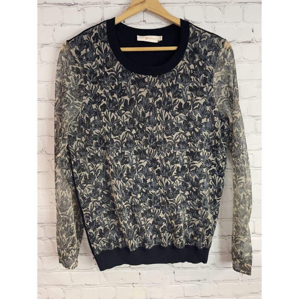 Tory Burch Metallic and Black Sweater with Sheer Sleeves Medium